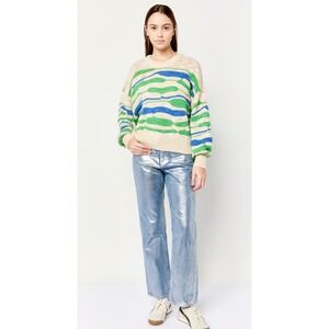 Aerie Textured Stripe Chunky Knit Crewneck Sweater Green Blue Cream Relaxed Fit